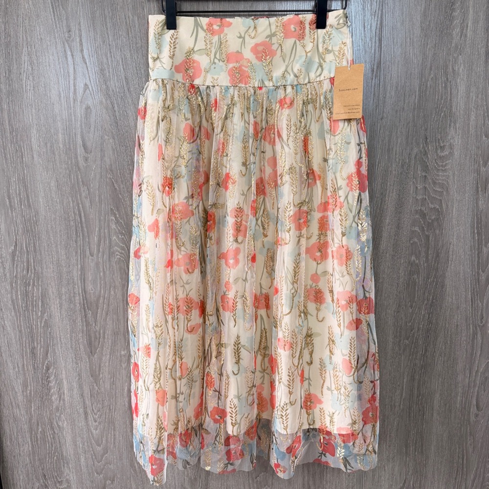 SooLinen Floral Tulle Skirt Small/Medium Cream Gold Glitter Wheat Mesh Maxi NWT